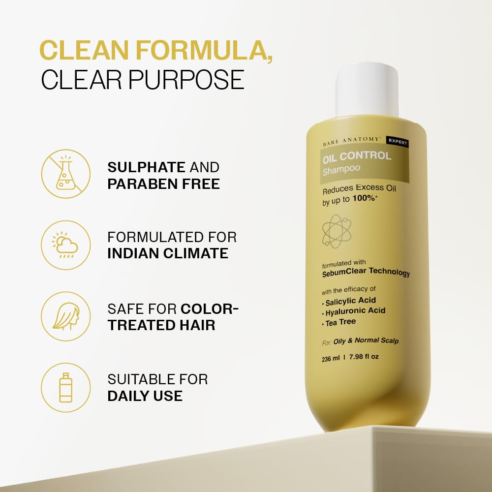 Bare Anatomy Oil Control Shampoo | Sulphate & Paraben Free | Reduces Excess Oil by Up to 100% | Salicylic Acid + Hyaluronic Acid + Tea Tree | Suitable for Oily Scalp & Dry Ends | For Women & Men | 236ml