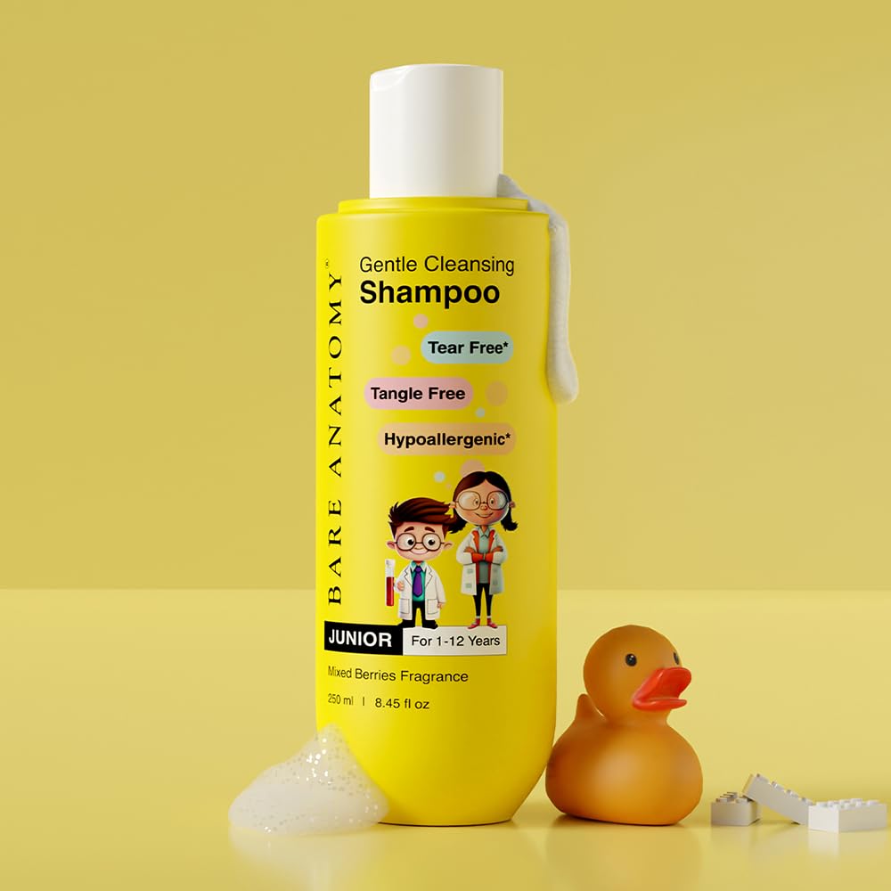 Bare Anatomy Junior Gentle Cleansing Shampoo For Kids from 1-12 Years | Tear-Free & Hypoallergenic pH 5.5 | Coconut Milk Protein, Almond Oil, Vitamin E & Strawberry | SLS & Paraben Free | Vegan -250ml
