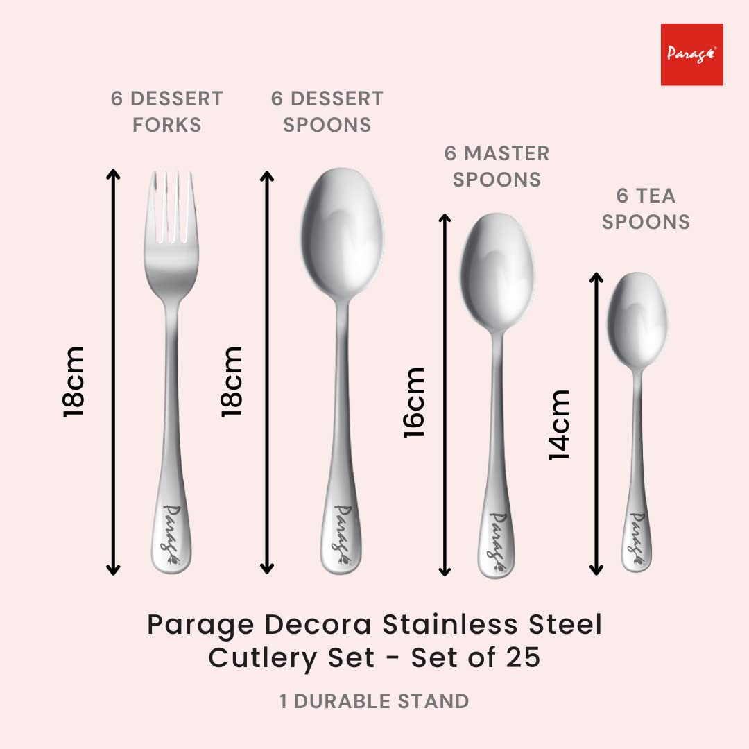 Parage 25 Pieces Decora Premium Stainless Steel Cutlery Set For Home & Kitchen (Contains: 6 Table Spoons, 6 Forks, 6 Master Spoons, 6 Soup Spoons, 1 SS Stand) Spoon Set, Dining Tableware Fancy- Silver