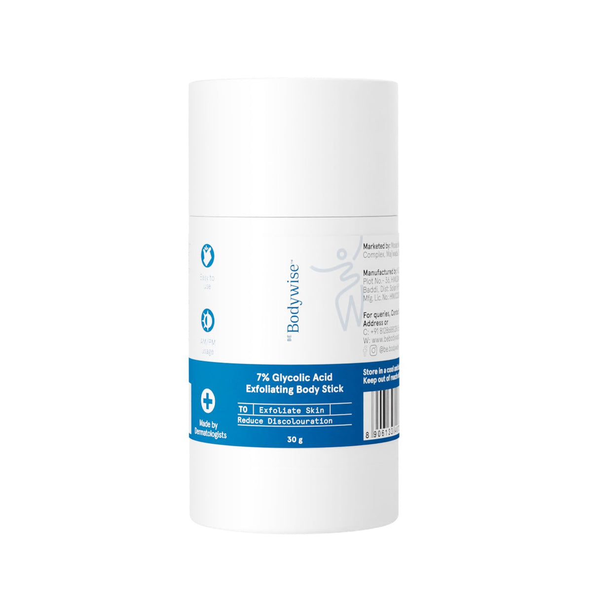 Be Bodywise 7% Glycolic Acid Exfoliating Body Stick | Gentle & Hydrating | Multifunctional | Exfoliates Skin, Smoothens Bumps & Reduces Ingrown Hair | With 0.5% Salicylic Acid & Shea Butter | 30g