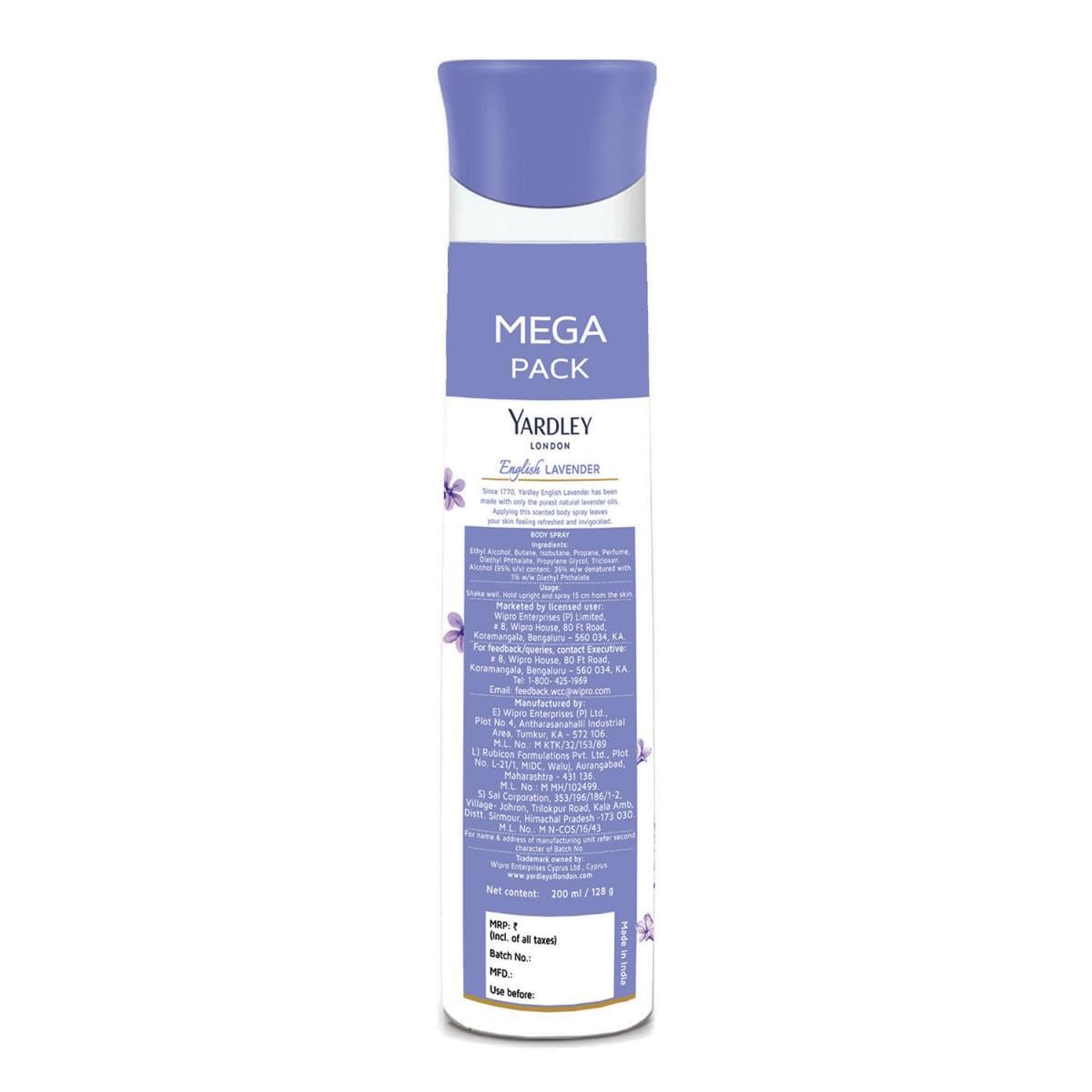 Yardley London English Lavender Refreshing Body Spray| Fresh Floral Scent| 90% Naturally Derived | Deo Spray| Body Deodorant for Women| 200ml