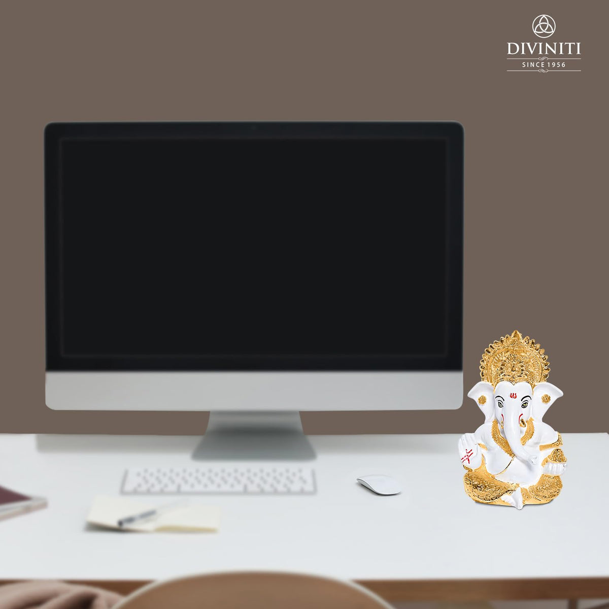 DIVINITI 24K Gold Plated Resin Lord Ganesha Idol for Car Dashboard, Tabletop|Ganesh Statue for Good Luck and Success|Ganpati Murti for Home Decor Mandir, Office Desk Puja Gift White & Gold (8.4x4.2cm)