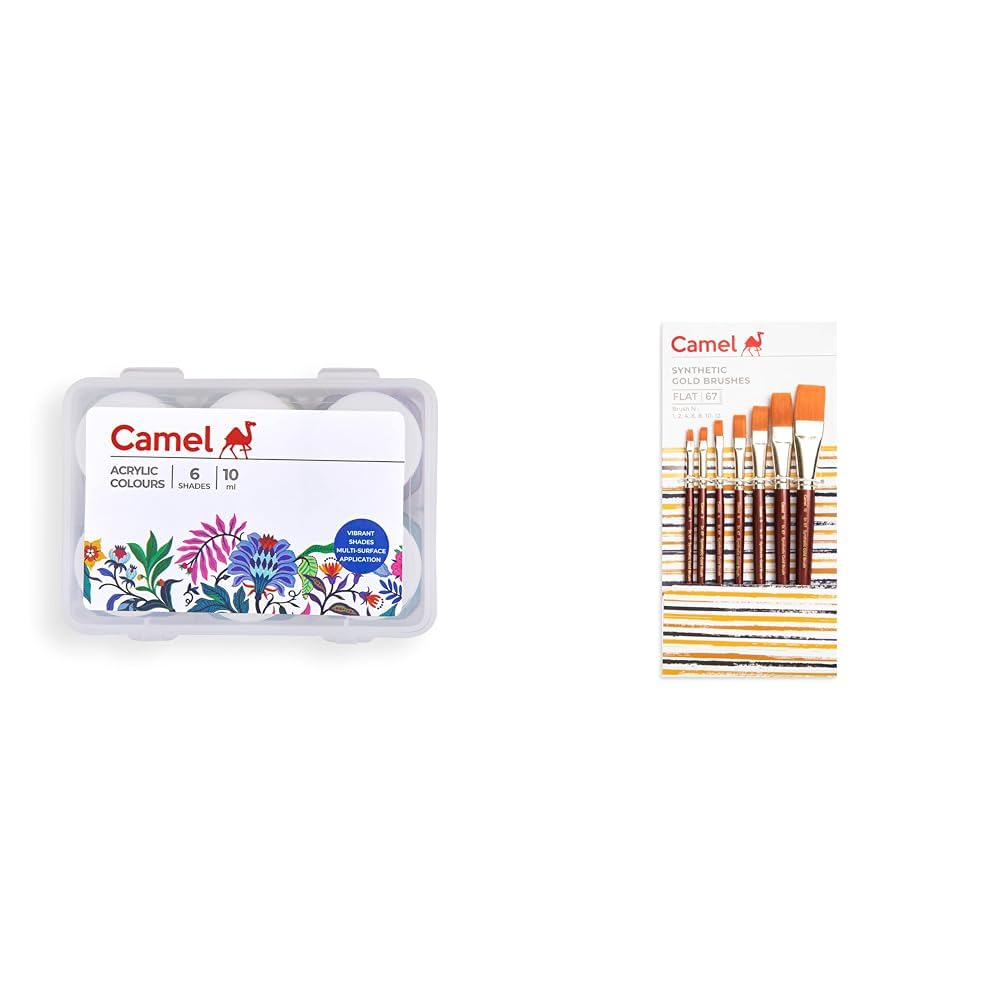 Camel Camlin Kokuyo Acrylic Ultra Colors-10 Ml Each, 6 Shades, Assorted & Wood Paint Brush 67 - Flat Synthetic Gold, Set Of 7