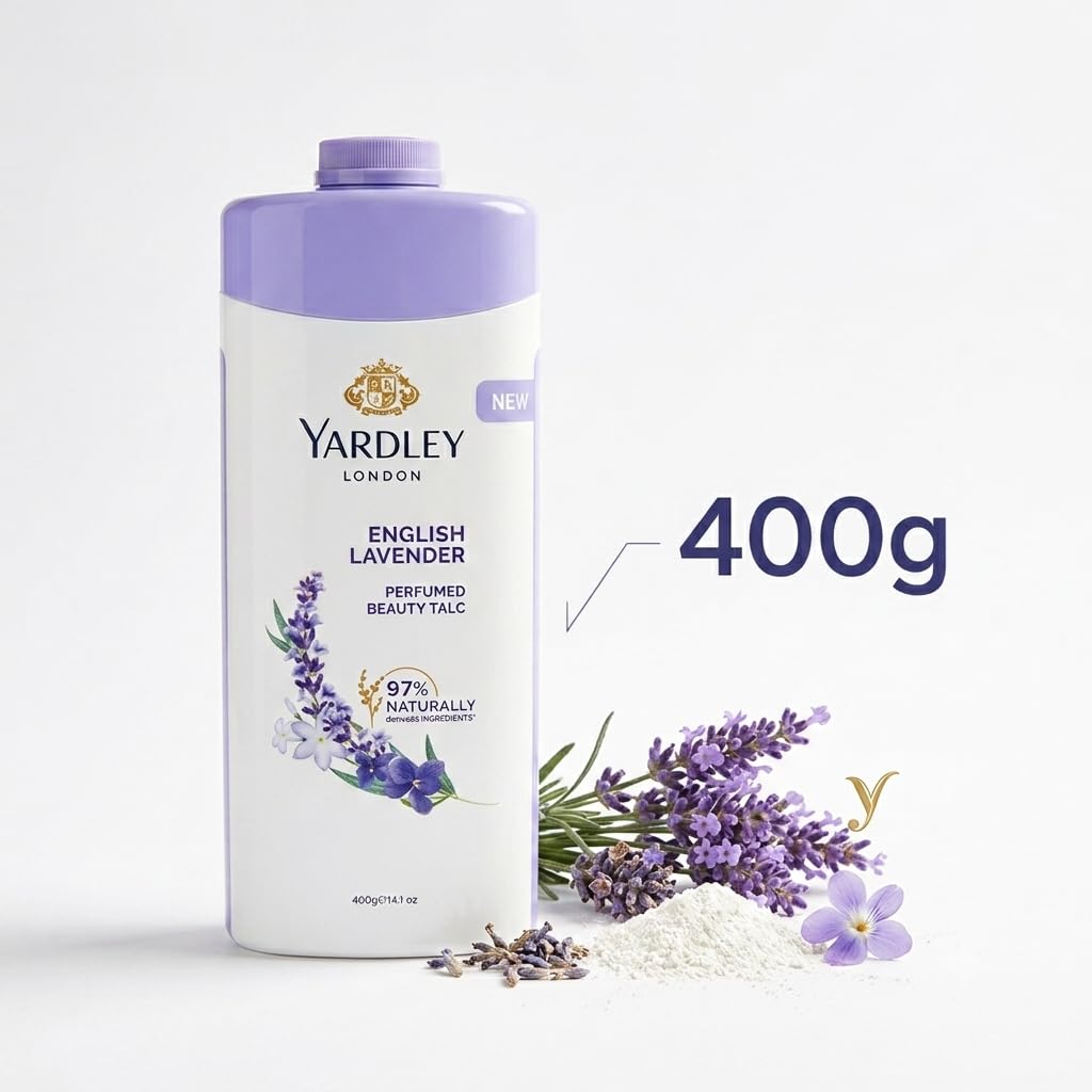 Yardley London English Lavender Perfumed Beauty Talc 400g | Long Lasting Floral Fragrance | Smooth & Silky Talcum Powder | Keeps Skin Fresh, Dry & Comfortable | Daily Body Powder for Men & Women