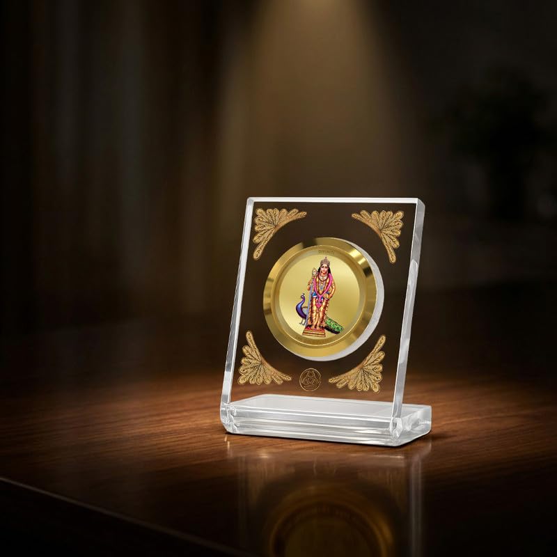 DIVINITI 24K Gold Plated Lord Murugan Acrylic Frame for Car Dashboard, Home Temple & Office Table | Premium Spiritual Gift, Blessings for Protection & Positivity, 8x7 cm Decorative Showpiece