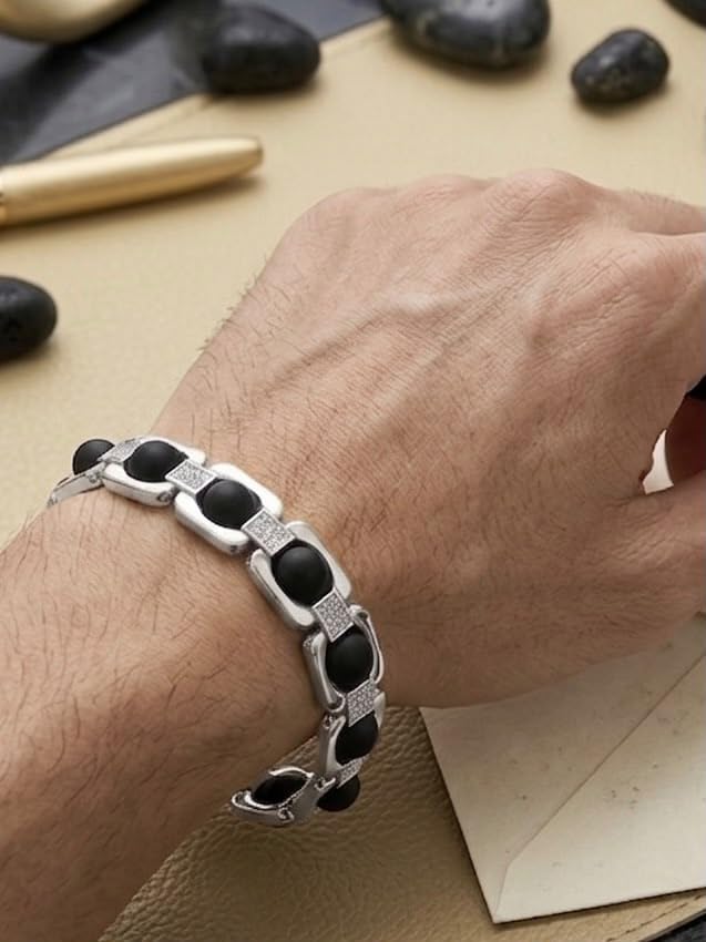 RUDRADIVINE Premium Silver Plated Karungali Wood Bracelet | Black Ebony Bead Elegant Bracelet