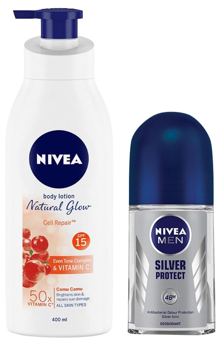 Nivea Body Lotion, Extra Whitening Cell Repair SPF 15, For All Skin Types, 400ml & Men Deodorant Roll On, Silver Protect, 50ml