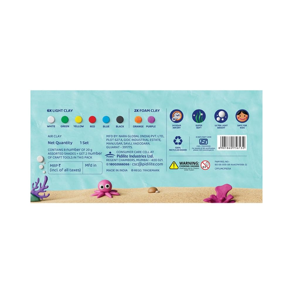 Fevicryl Magic Clay 160g (8x20g) | Air Dry Clay for Kids | Super Light, Non-Sticky Dough | 6 Colours + 2 Foam Clay | 2 Free Tools | Safe & Non-Toxic | Ideal Gift