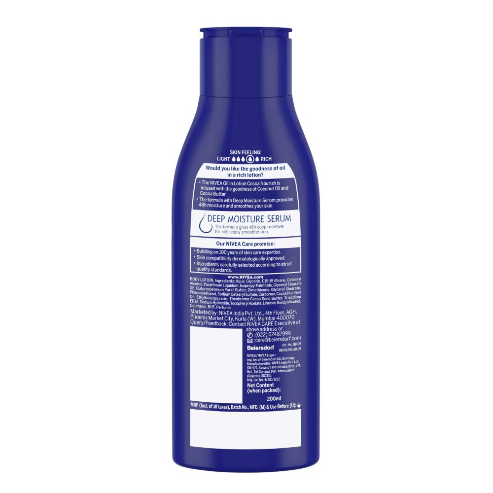 NIVEA Cocoa Nourish Body Lotion for Men & Women with Cocoa Butter, Hyaluronic Acid & Vitamin E Moisturizer for Dry Skin, Deep Nourish Serum Body Cream 72H Moisturiser, Non Greasy Face Cream 200ml