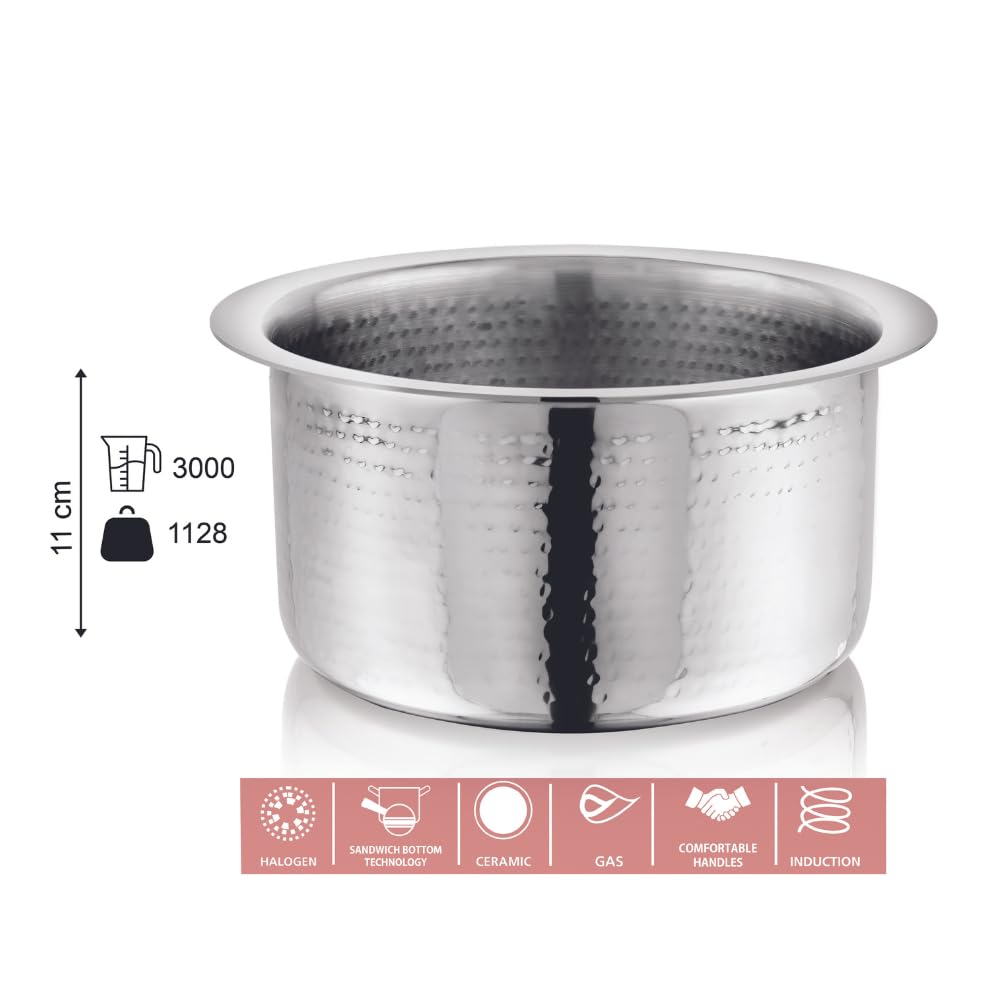 Vinod – Claro Heavy Gauge Stainless Steel Hammered Tope, 1.5 mm – Capacity 3 Liter