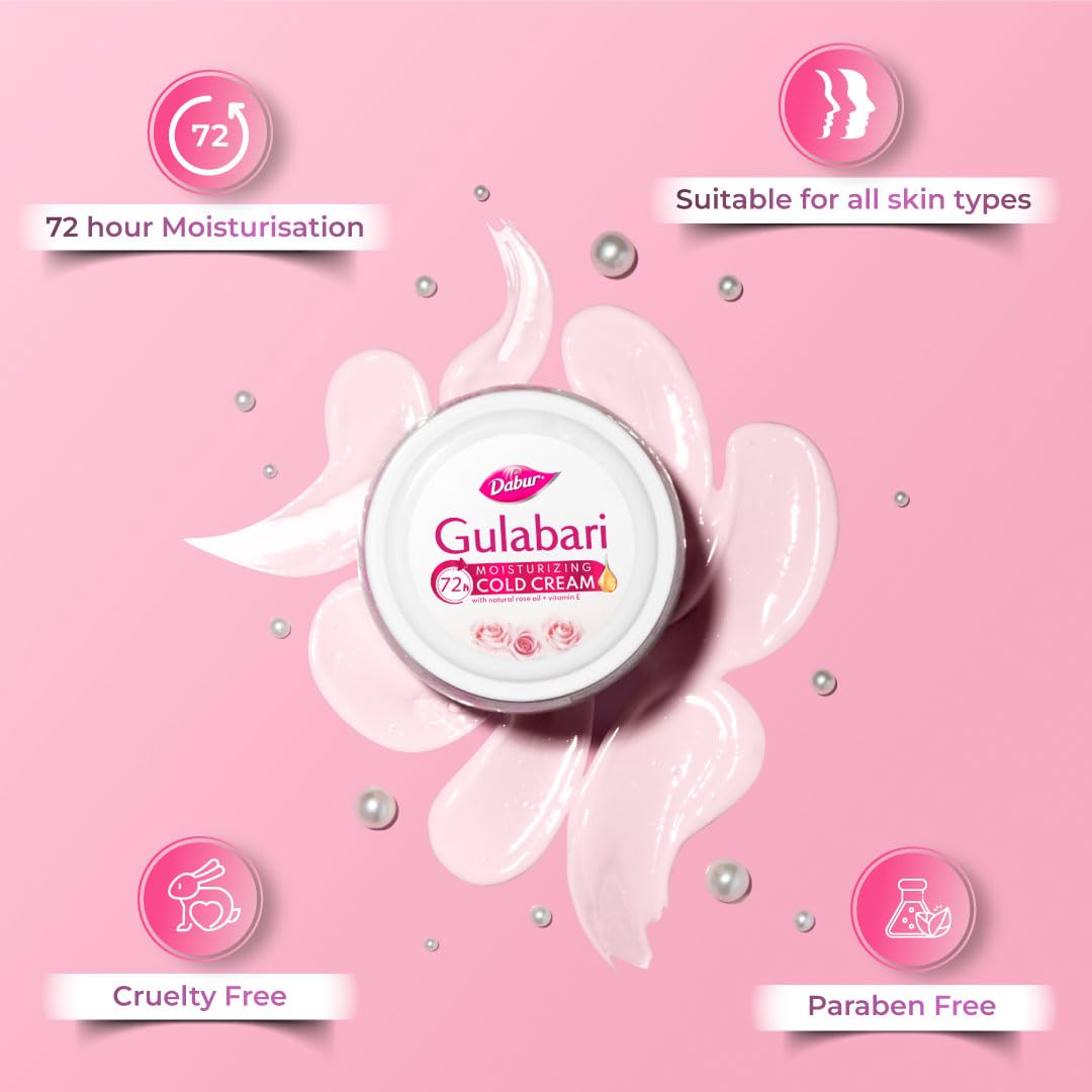 Dabur Gulabari Moisturizing Cold Cream 100gm + Lip Balm 8gm (Free) | With Goodness of Natural Rose Oil & Vitamin E | Intense Hydration and Deep Moisturization | For Smooth & Soft skin | All Skin types