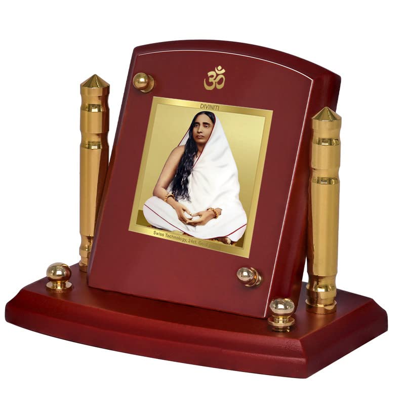 DIVINITI 24K Gold Plated Maa Sharda Photo Frame for Car Dashboard | Premium Religious Idol for Home Office Prayer Decor & Spiritual Gift | Size 8 x 9 cm