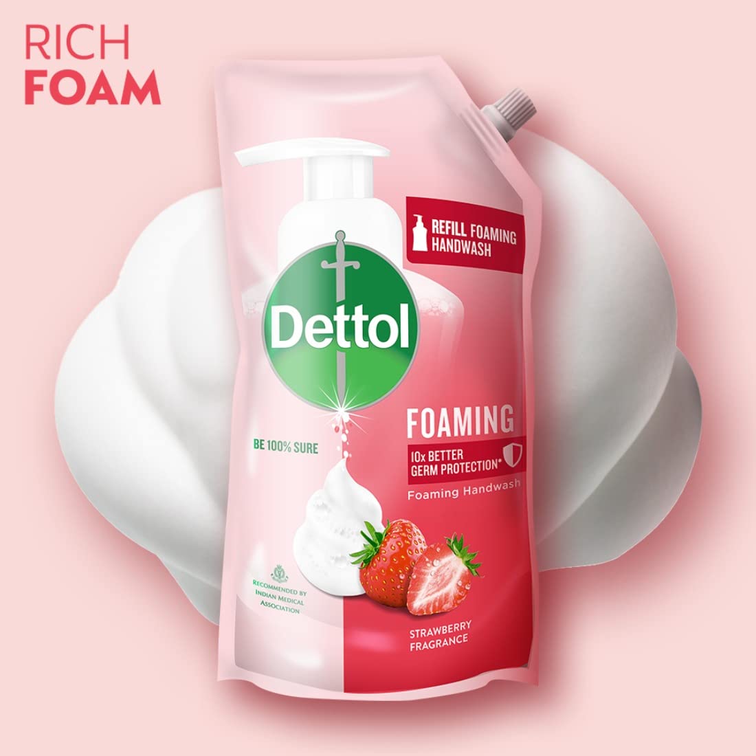Dettol Foaming Handwash Pump + Refill Combo, Strawberry (250ml + 700ml) | Rich Foam | Moisturizing Hand Wash | Soft on Hands
