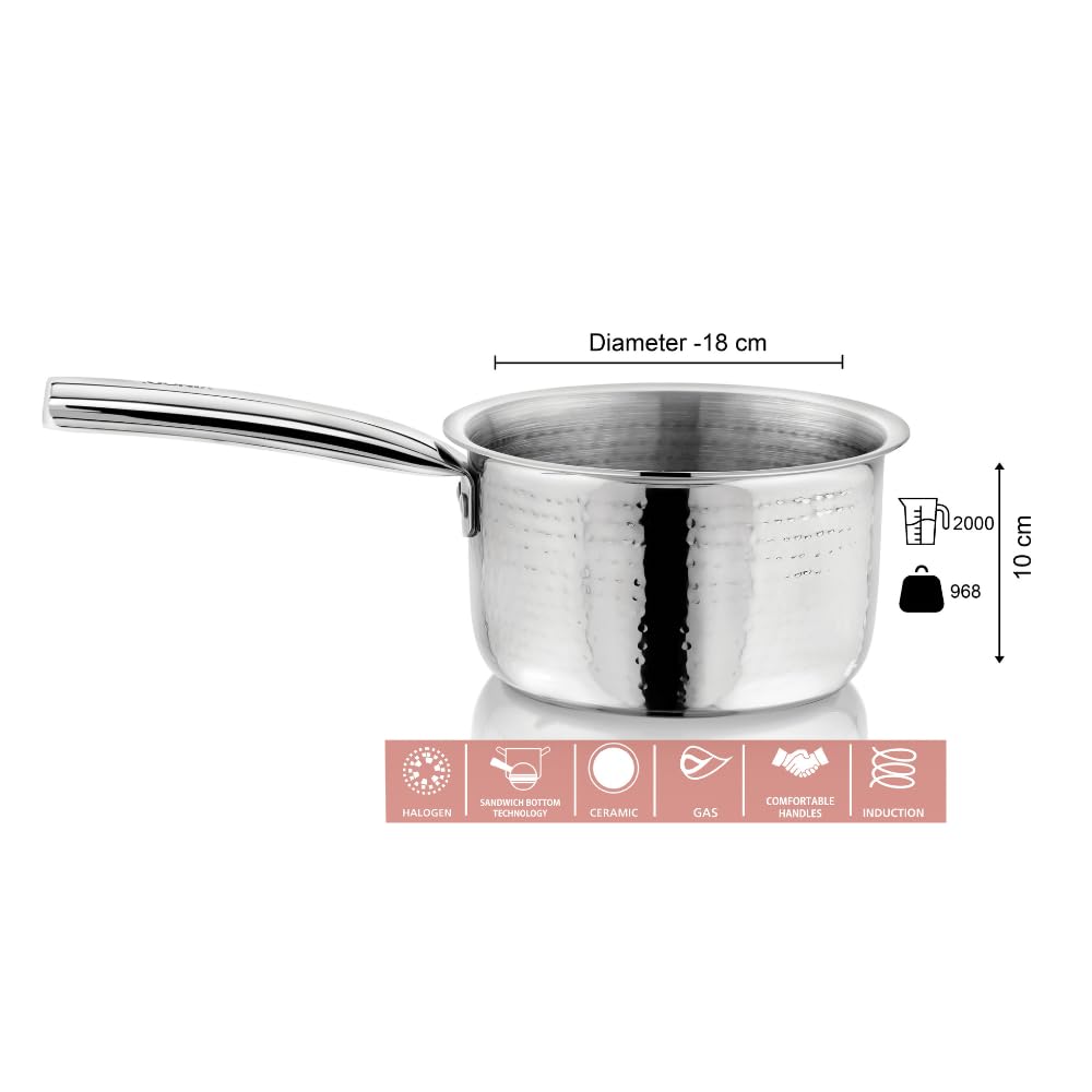 Vinod – Claro Heavy Gauge Stainless Steel Hammered Sauce Pan, 1.5 mm – (18cm)