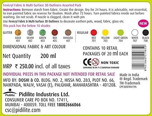 Fevicryl 3D Outliner Colours Fabric & Multi-Surface Paints, Pack of 10