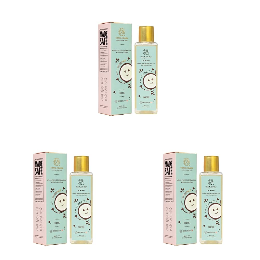Little Rituals COCONUT BABY MASSAGE OIL Certified Organic, Wood Cold-Pressed for Skin and Hair with SWISS Plant Actives - 200 ml. Dermatologist Tested by Pediatrics, Mild & Gentle & Safe (Pack of 3)