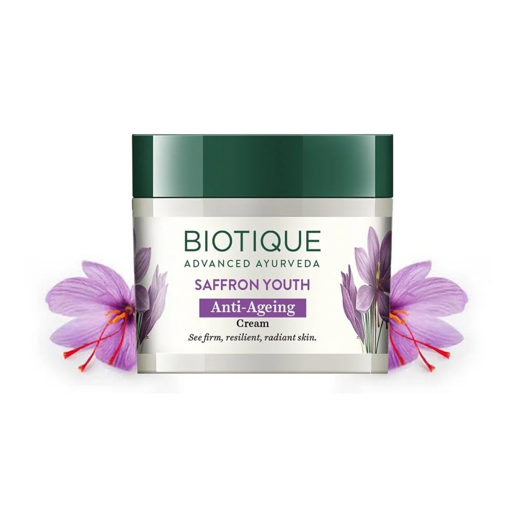 Biotique Saffron Youth Anti-Ageing Cream l 100% Pure Botanical Extracts l Anti-ageing cream for wrinkles and dark lines l Reduces dry lines and Regenerates Skin Youthfulness l All Skin Types l 175gm