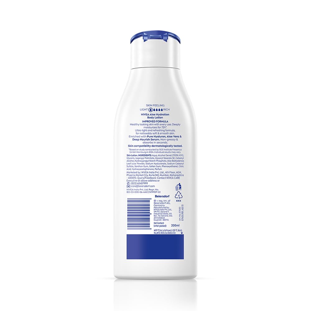 NIVEA Aloe Hydration Body Lotion, 200ml | 72 H Moisturization | Refreshing | Non Sticky Feel | With Goodness of Aloe Vera For Instant Hydrating In Summer | For Men & Women