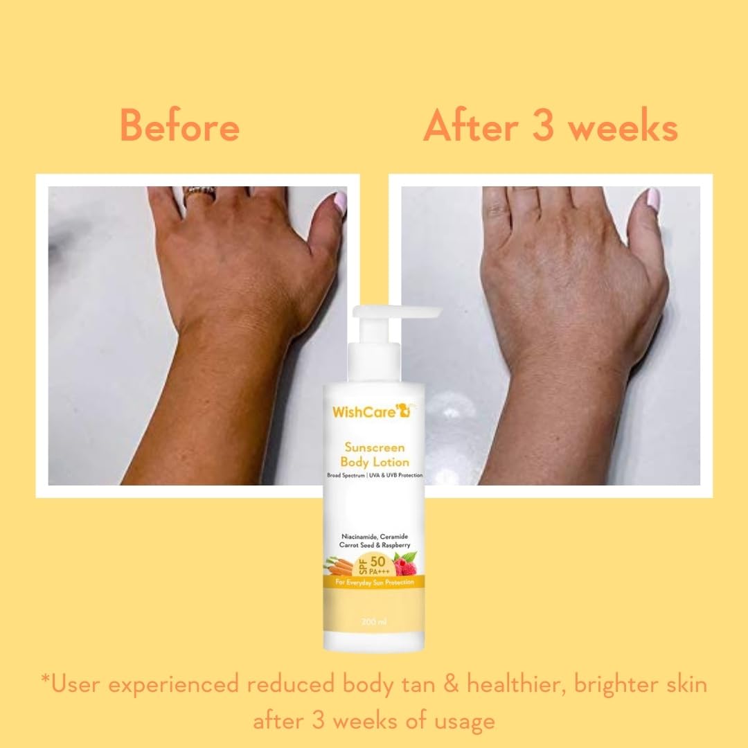 WishCare Sunscreen Body Lotion with SPF 50 PA++++ In- Vivo Tested | Body Sunscreen SPF50 With Broad Spectrum UVA & UVB Protection, No White Cast | With Carrot Seed & Raspberry | For All Skin Types | For Women & Men | 200ml