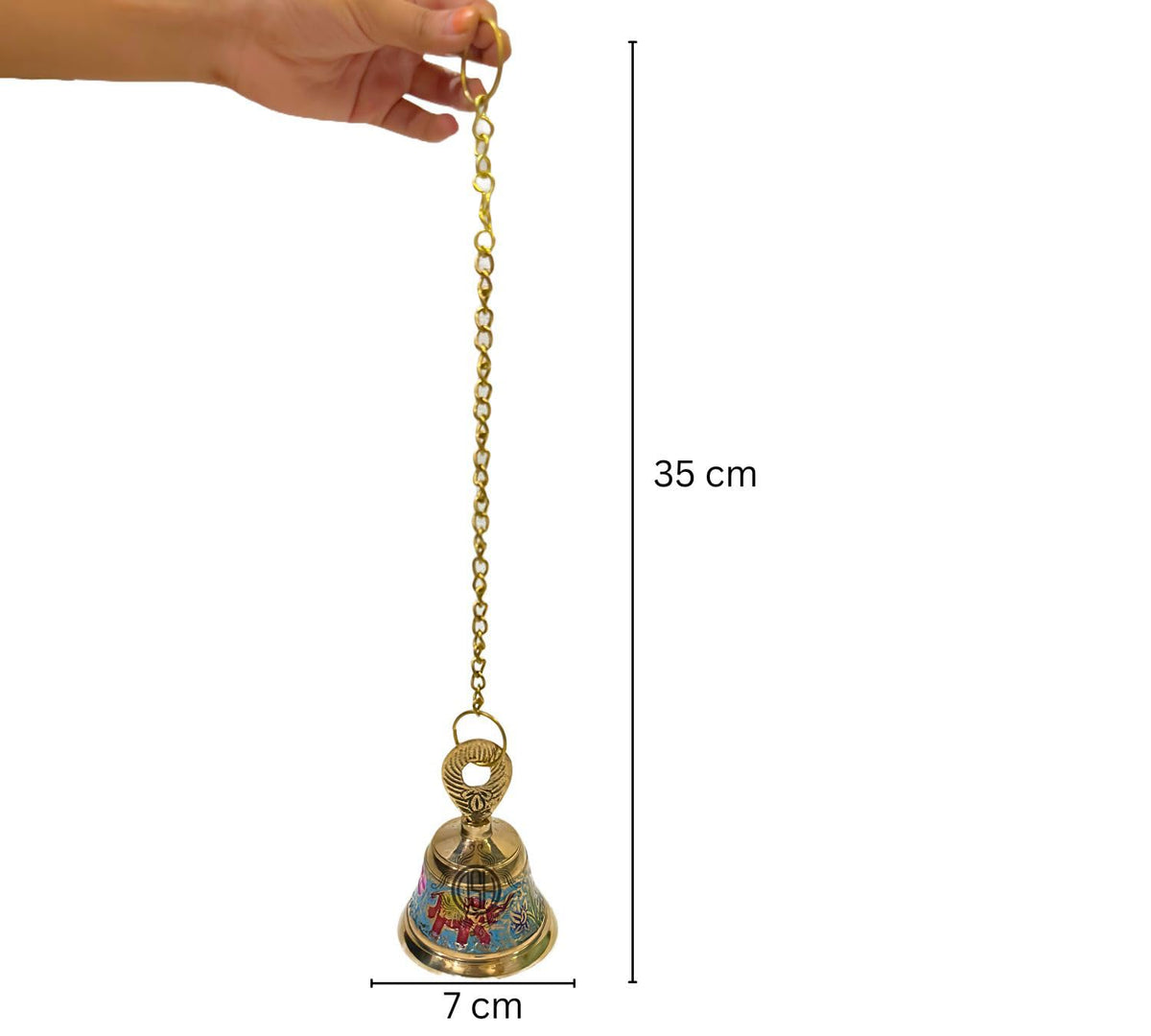 DSH Handcrafted Brass Temple Hanging Bell with Chain Home Mandir Decoration Ghanti for Pooja with Deep Sound (Blue, H-4 Inch)
