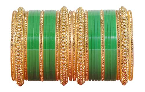 NMII Golden Traditional Acrylic Plastic Chuda Set For Bridal Women & Girls with Zircon Stone & Beads | Bridal Bangles For Wedding | Plastic Chura Set Punjabi Bangles ,(-Dark Green-2.4), Pack Of 30 Bangle
