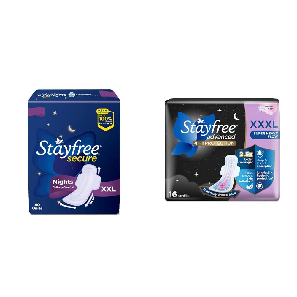 Stayfree Secure Nights XXL | 40 Pads| Cottony Soft Sanitary Pads for Women | Upto 100% leakage protection | Buy XXL at XL price | Absorbs 2x Faster with Wider Back | & Advanced XXXL Thin Sanitary Pads