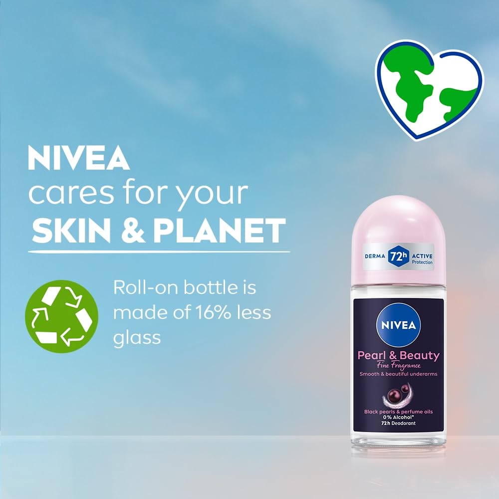 NIVEA Women Pearl & Beauty Roll On Deodorant, Underarm Deodorant with 72H Active Odour Protection, Long-Lasting Floral Fragrance, Underarm Roll On for Fresh, Beautiful Underarms, 0% Alcohol, 50 ml