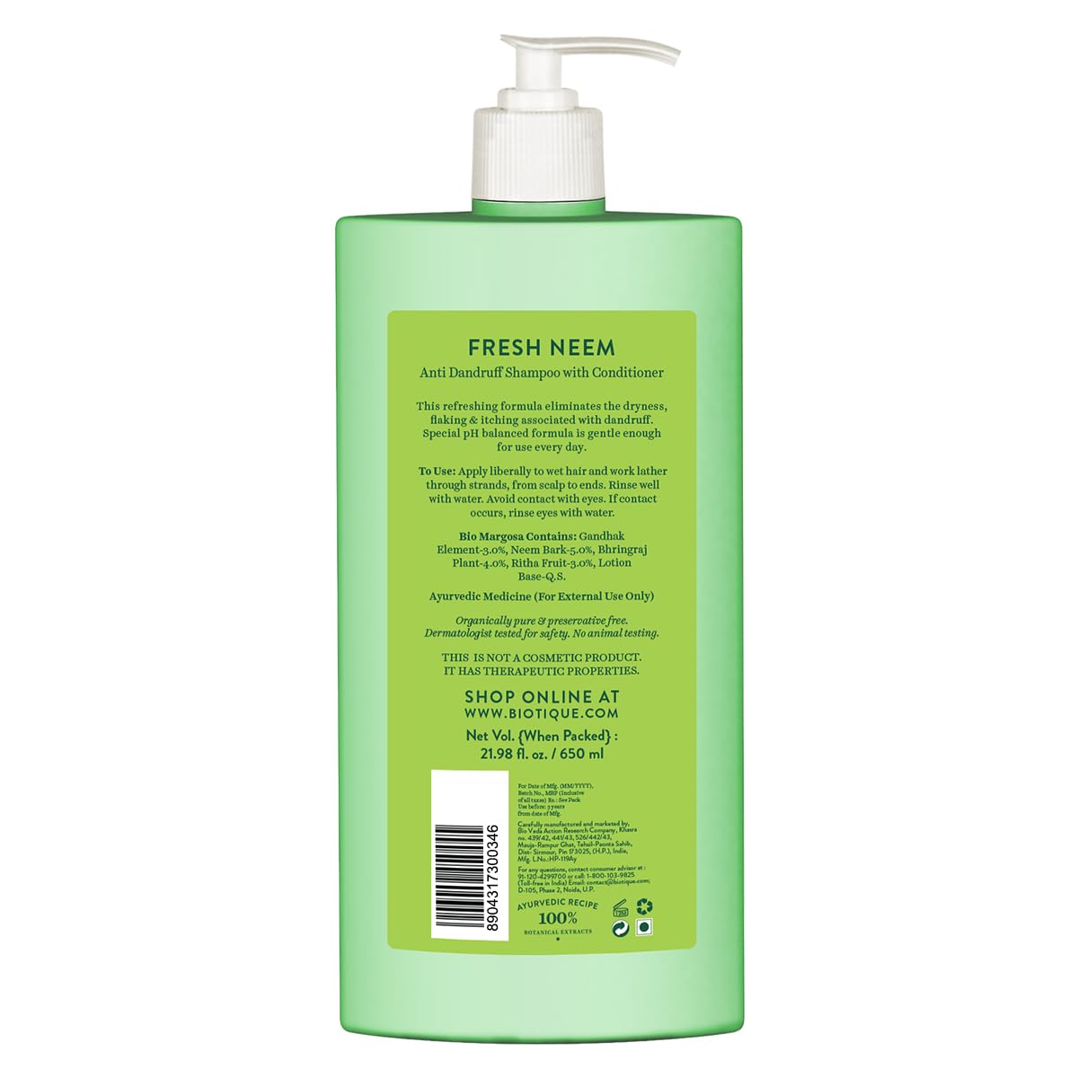 Biotique Fresh Neem Anti Dandruff Shampoo and Conditioner | Controls Dandruff | Eliminates Dryness, Flaking, and Itching | Hair Looks Fresh and Lustrous |Suitable for All Skin Types | 650ml