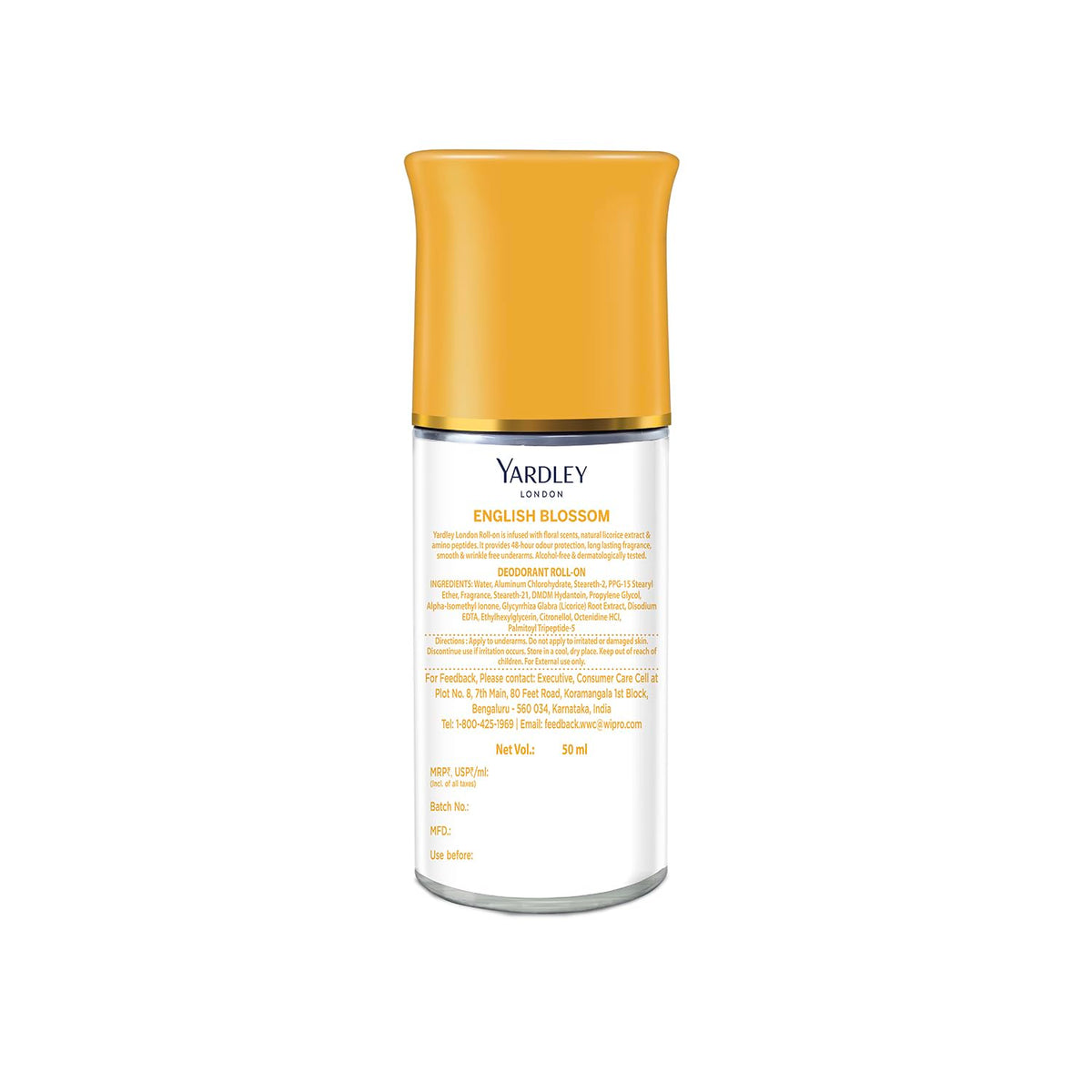 Yardley London English Blossom | Underarm Deodorant Roll On| With Licorirce Extract & Floral Extracts | Smooth & Eventoned Underarms | 72 H Long Lasting Floral Scent| 0% Alcohol & Dermat Approved | For Women | 50ml