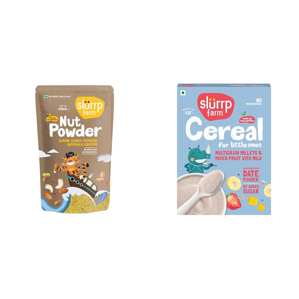 Slurrp Farm NO Added Sugar 100% Natural Nut Powder, 100 G + Slurrp Farm Multigrain Millets and Mixed Fruits with Milk | Mildly Sweetened with Date Powder | No P