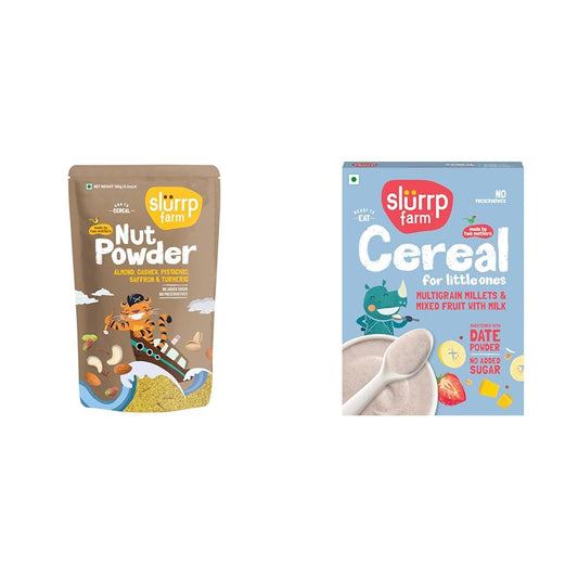 Slurrp Farm NO Added Sugar 100% Natural Nut Powder, 100 G + Slurrp Farm Multigrain Millets and Mixed Fruits with Milk | Mildly Sweetened with Date Powder | No P