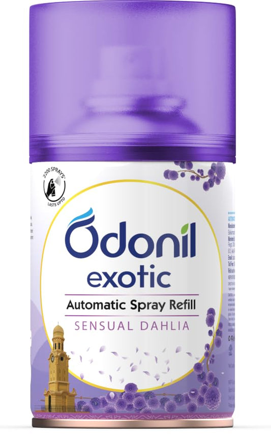 DABUR Odonil Exotic Automatic Spray - 225Ml |Sensual Dahlia |2X Long Lasting |Fits all Machines | 2200 Sprays Guaranteed |Lasts Upto 60 Days |Suitable for Washroom, Gym area, Living Room & Office