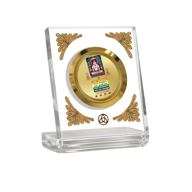 DIVINITI 24K Gold Plated Lord Adinath With Namokar Acrylic Frame for Car Dashboard, Home Temple & Office Table | Premium Spiritual Gift, Blessings for Protection & Positivity, 8x7 cm