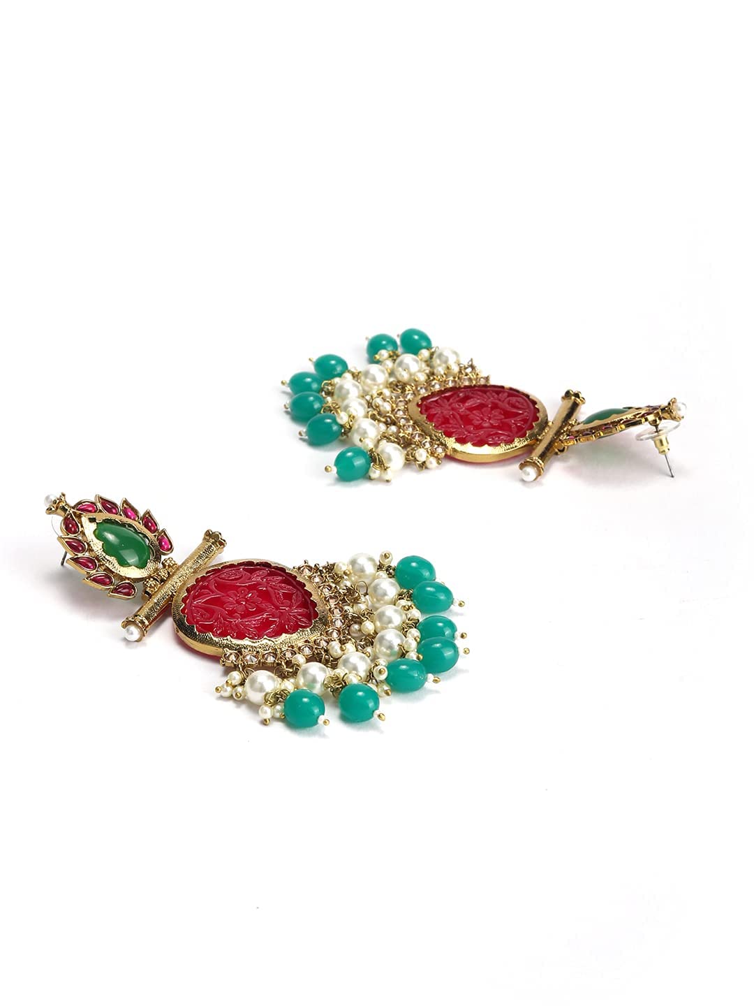 Priyaasi Red & Green Beaded Earrings for Women | Drop of Pearls | Stone-Studded | Gold-Plated | Brass Metal | Pushback Closure | Ethnic Earrings for Women & Girls - Party, Festivals, Weddding, Sangeet