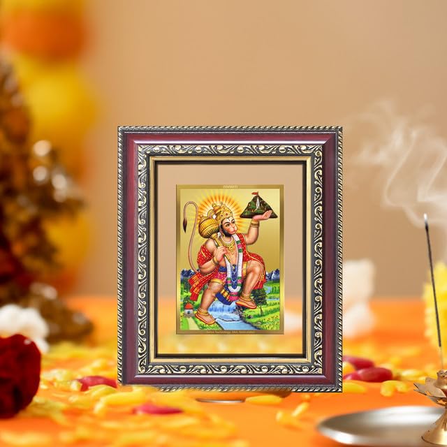 DIVINITI Hanuman Carrying Sanjeevani Mountain 24K Gold Plated Foil Wall and Tabletop Photo Frame for Home Décor, Puja Room, Luxury Gifting | DG Frame 105 S1 (16x13.5 CM)