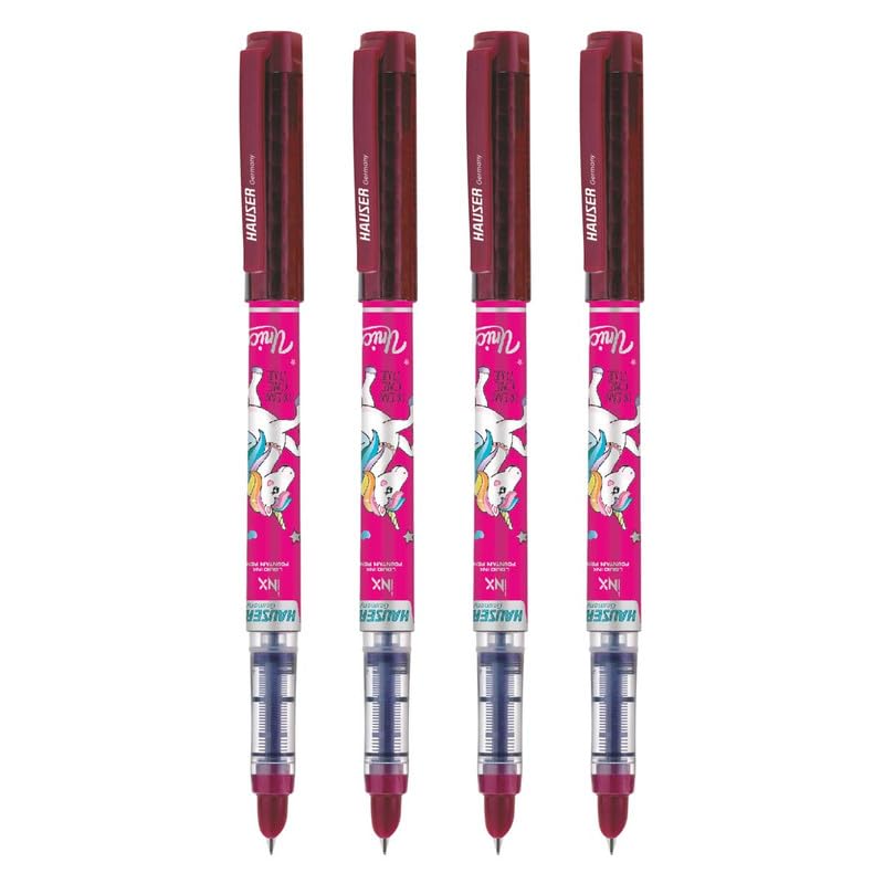 Hauser Inx Unicorn Fountain Pen | Smooth Round Nib With Iridium Tip | 2 Ink Cartridges | Unique Liquid Ink System | Blue Ink, Pack of 4