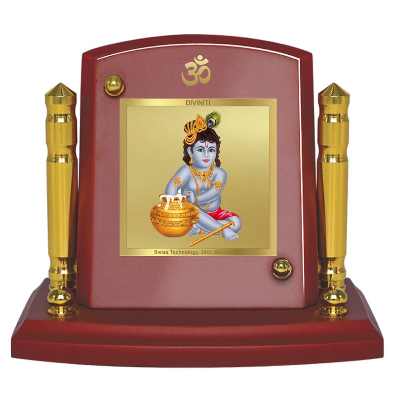 DIVINITI 24K Gold Plated Religious Car Dashboard Frame | Premium God Idol Frame for Car, Home Mandir & Office Table | Spiritual Gift, Decorative Showpiece | Bal Gopal