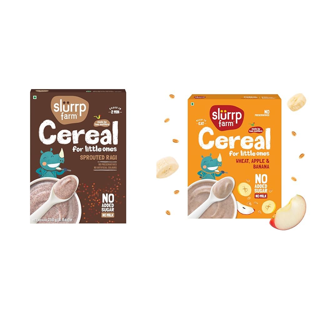 SLURRP FARM No Added Sugar,No Salt,Sprouted Ragi Powder,250 Gram + Slurrp Farm No Added Sugar Instant Wheat Apple & Banana Cereal | No Milk No Preservatives | 300g