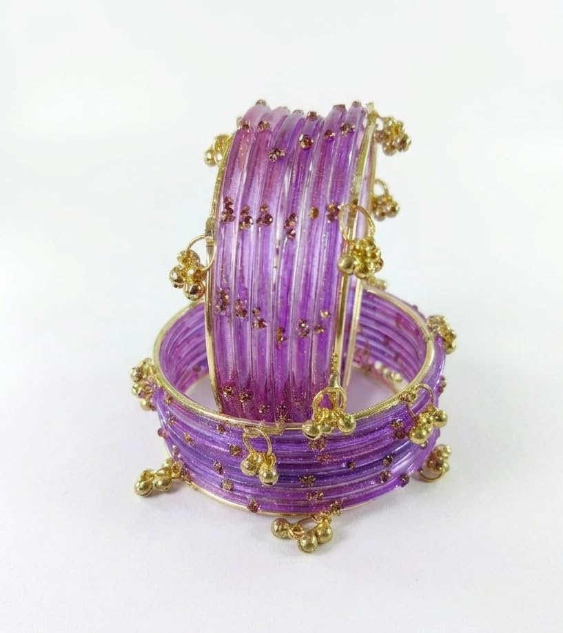 NMII Viral Multi Colour Glass Bangles with Golden Ghungroo Charms & Stone Work For Women & Girls | Fancy Designer Glass Bangle | Traditional Chudi | Kanch Ki Churi | Stylish Ghungroo Bangle For Women