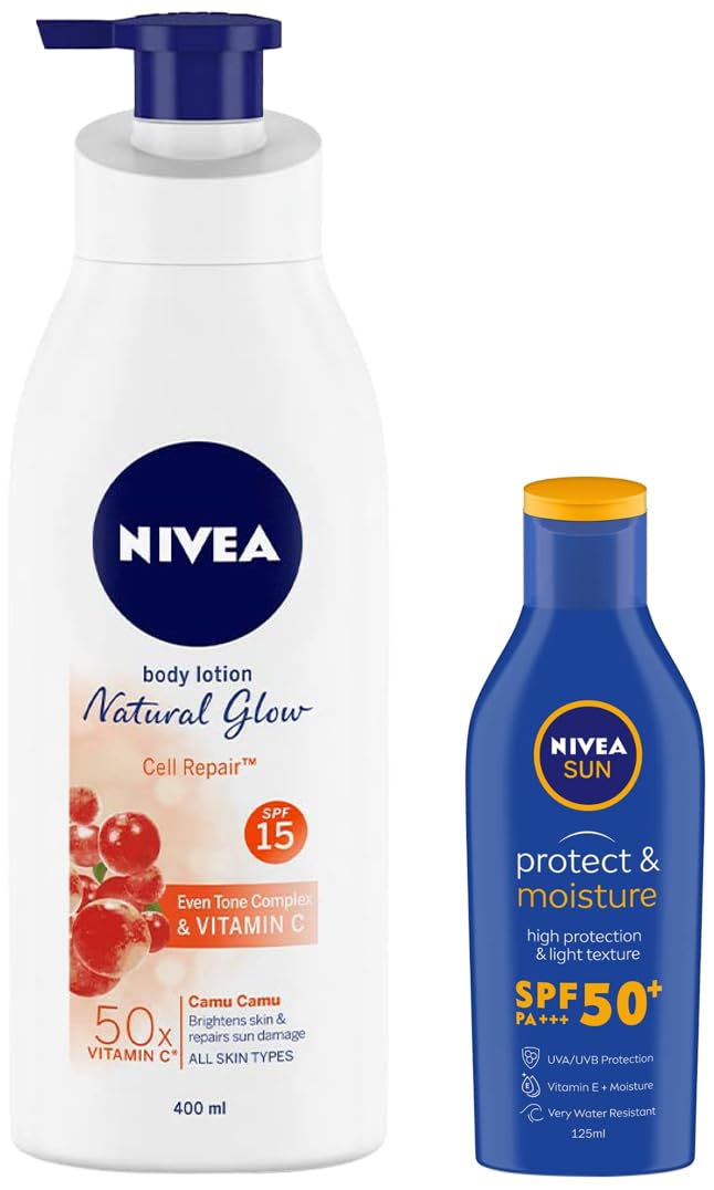 Nivea Body Lotion, Extra Whitening Cell Repair SPF 15, For All Skin Types, 400ml & Sun, Moisturising Lotion, SPF 50, 125ml