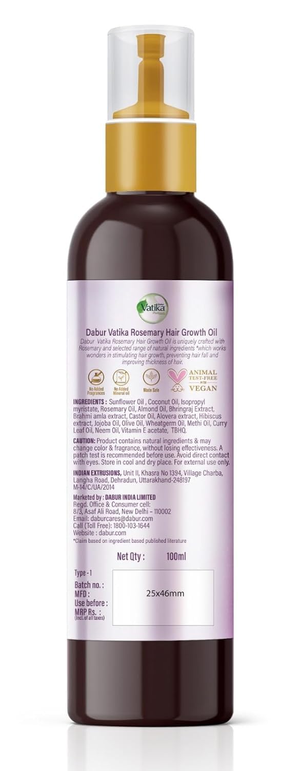 DABUR Vatika Rosemary Hair Growth Oil With Hibiscus & Coconut Oil - 100Ml | Stimulates Hair Growth And Thickness | Reduces Hair Fall | Co-Created With Dermatologist | No Mineral Oil |Animal Test Free