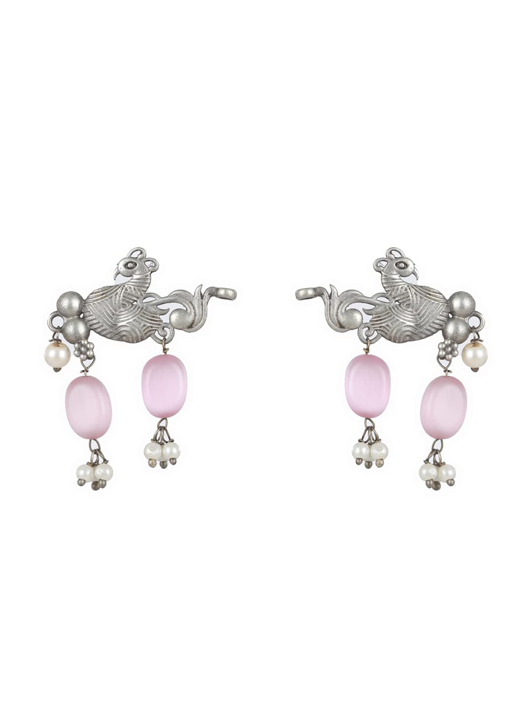 Priyaasi Peacock Pink Stone Studded Oxidised Silver Jewellery Set