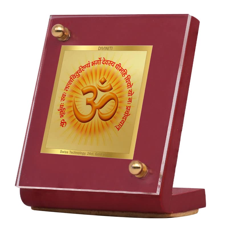 DIVINITI 24K Gold Plated Religious Car Dashboard Frame | Premium God Idol Frame for Car, Home Mandir & Office Table | Spiritual Gift, Decorative Showpiece | Om Gayatri Mantra