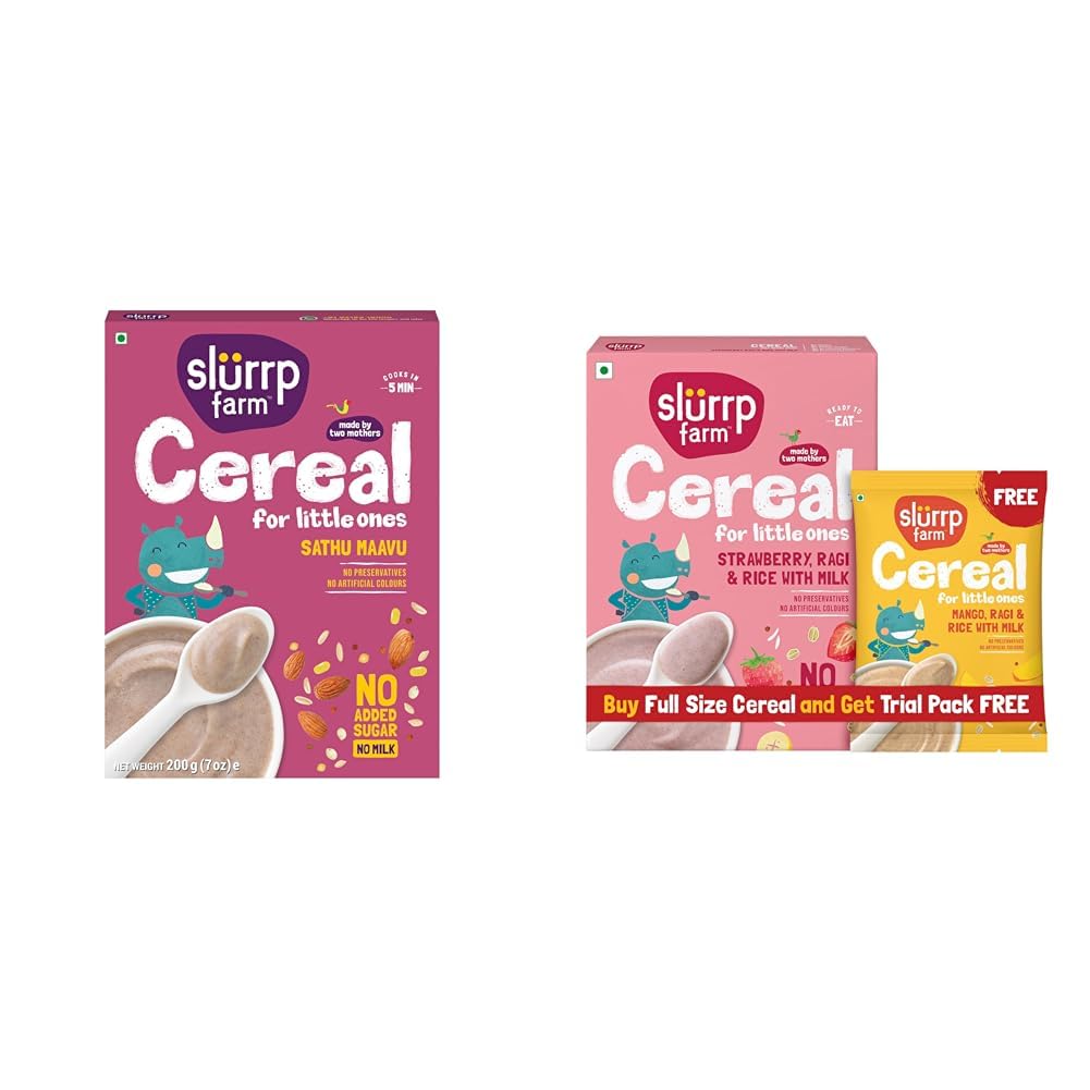 Slurrp Farm Sathu Maavu | 100% Natural Multigrain Health Mix with The Goodness of Ragi, Dals & + Slurrp Farm No Added Sugar Instant Cereal | Ragi, Rice and Strawberry with Milk | Free Mango