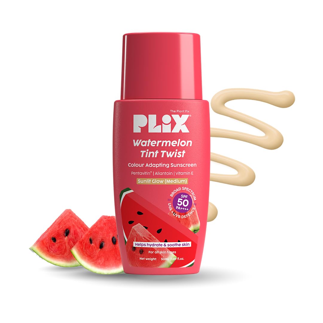 PLIX - THE PLANT FIX Watermelon Tint Twist Color-Adapting Sunscreen | For light coverage & instant glow | SPF 50 PA++++ Medium Sunlit Glow