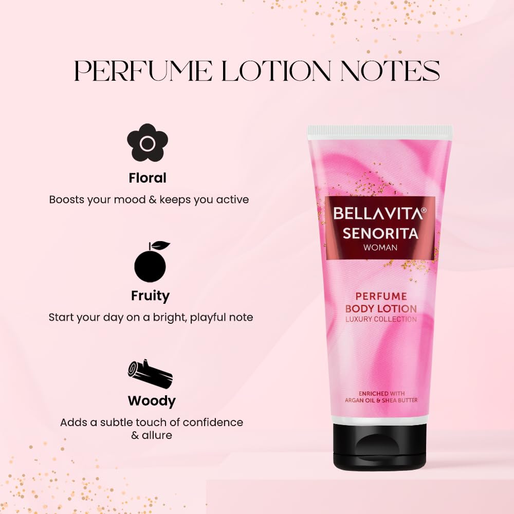 Bella Vita Luxury Senorita Woman Perfume Body Lotion for Nourishing, Hydrating, Soft, Supple,Healthy Skin with Argan Oil and Shea Butter 200 Ml