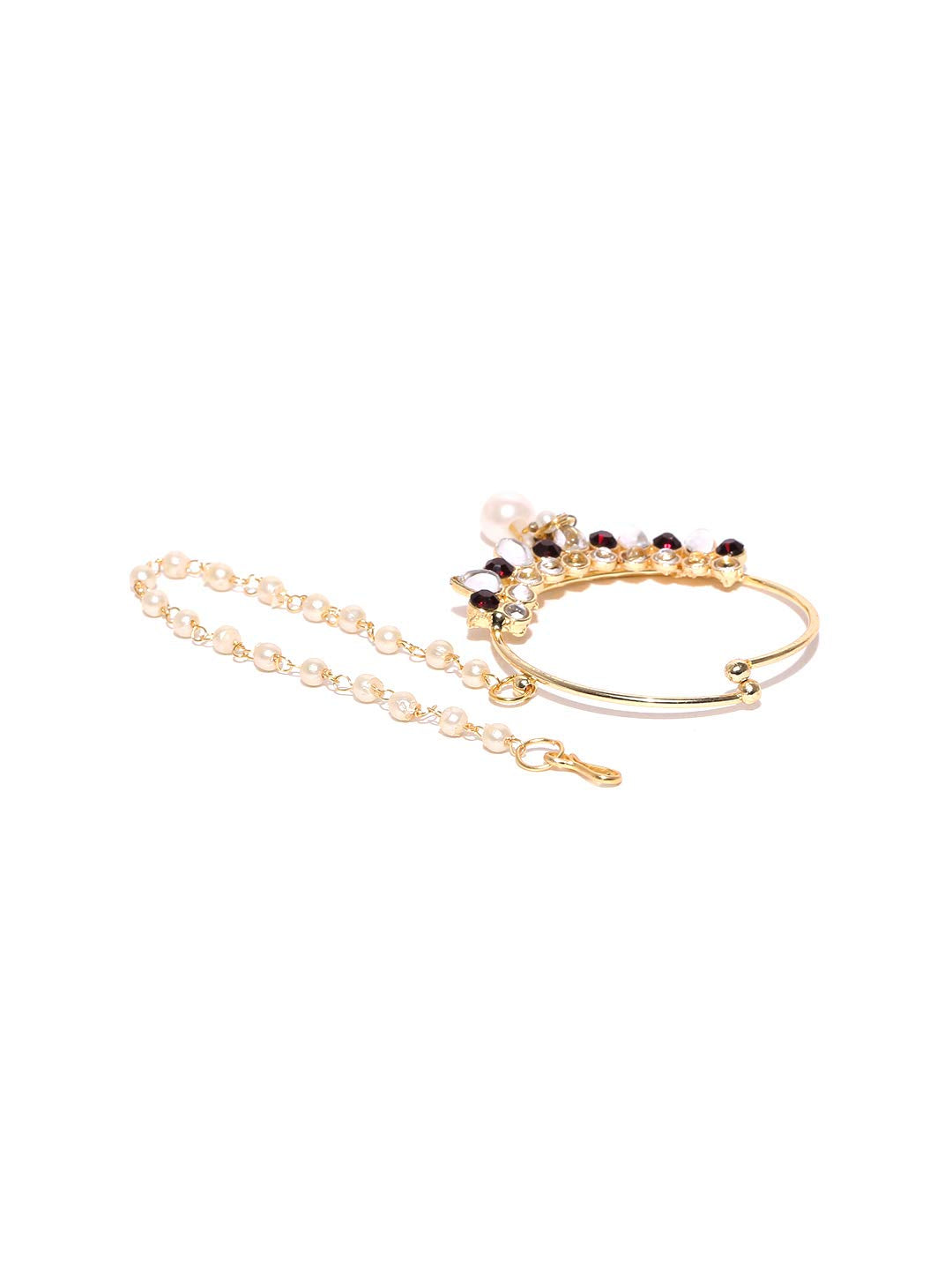 Priyaasi Gold-Plated Stones Studded Round Nath with Pearls Chain