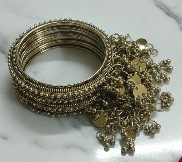 NMII Gold Plated Ghungroo Charm Kada Set for Women & Girls | Antique Traditional Coin & Bead Hanging Kangan | Ethnic Bridal Wedding Jewelry | Festive Parties | Trending Bangles For Gift – Set Of 4