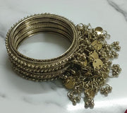 NMII Gold Plated Ghungroo Charm Kada Set for Women & Girls | Antique Traditional Coin & Bead Hanging Kangan | Ethnic Bridal Wedding Jewelry | Festive Parties | Trending Bangles For Gift – Set Of 4