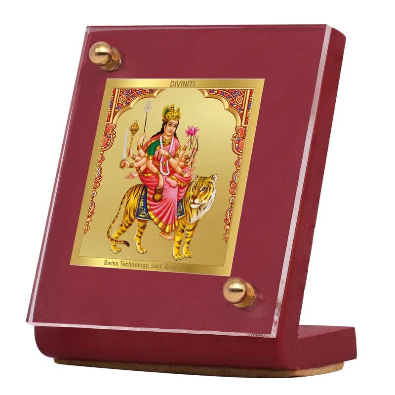 DIVINITI 24K Gold Plated Maa Navdurga Photo Frame for Car Dashboard |Premium Religious Idol for Home Office Pooja Room Decor & Spiritual Gift | Size 6 x 5.5 cm